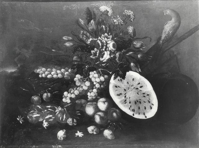 Anonimo — Autore non indicato - sec. XVIII - Natura morta con fiori, cocomero, fichi e pesche — insieme